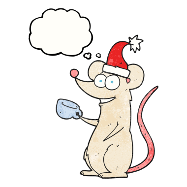 El yazısıyla çizilmiş düşünce kabarcığı desenli çizgi film faresi bir insan tarafından çizilmiş Noel şapkası takıyor.