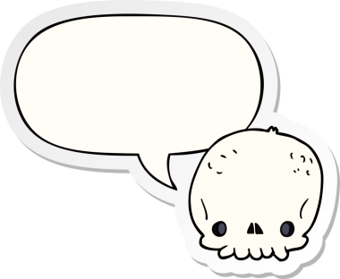 Bir insan tarafından çizilmiş konuşma balonu çıkartmalı karikatür kafatası.