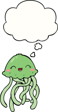 Bir insan tarafından çizilmiş düşünce baloncuklu tatlı denizanası çizgi filmi.