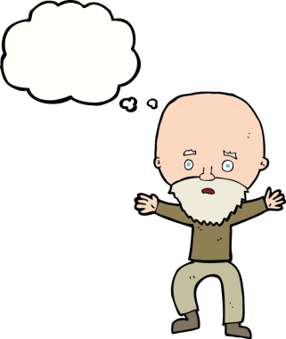 Bir insan tarafından çizilmiş düşünce baloncuğuyla panikleyen yaşlı bir adam.