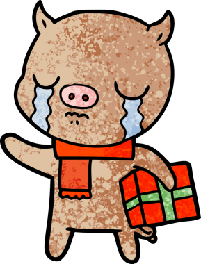 Bir insan tarafından çizilmiş Noel hediyesi için ağlayan bir domuz.