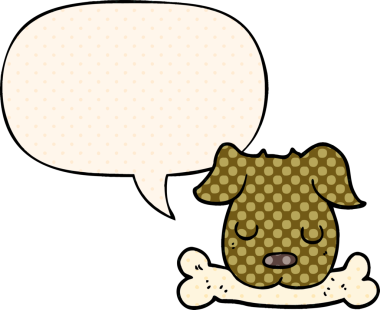 Bir insan tarafından çizilmiş, konuşma baloncuğu olan çizgi film köpeği.