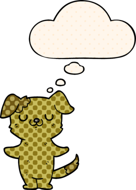 Bir insan tarafından çizilmiş çizgi roman şeklinde düşünce balonu olan bir köpek yavrusu.