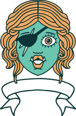 Retro Dövme Biçimli Ork karakter yüzü Bir insan tarafından çizilmiş pankartıyla