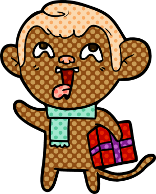 Bir insan tarafından çizilmiş Noel hediyesi olan çılgın çizgi film maymunu.