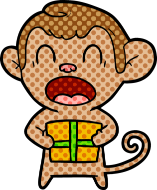 Bağıran maymun bir insan tarafından çizilmiş Noel hediyesini taşıyor.