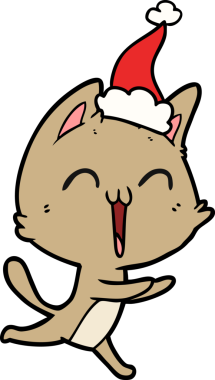 Bir insan tarafından çizilmiş Noel Baba şapkası giymiş bir kedi miyavlıyor.
