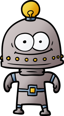 Bir insan tarafından çizilmiş ampullü mutlu karton robot.