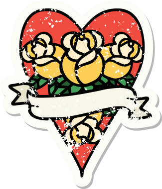 Geleneksel bir kalp stili ve insan tarafından çizilmiş çiçekli pankart dövmesi.