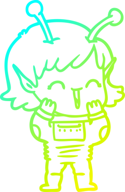 Bir insan tarafından çizilen kıkırdayan uzaylı bir kızın soğuk çizgi çizimi.