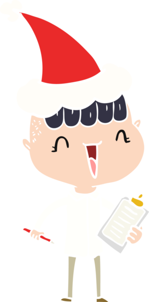 Bir insan tarafından çizilmiş Noel Baba şapkası giymiş mutlu bir çocuğun el çizimi düz bir çizimi.