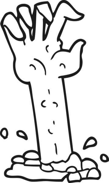 Bir insan tarafından çizilmiş siyah beyaz çizgi film zombi eli yerden yükseliyor.