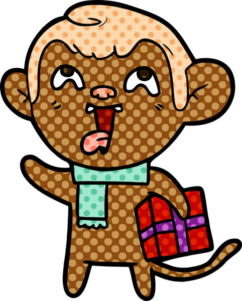 Bir insan tarafından çizilmiş Noel hediyesi olan çılgın çizgi film maymunu.