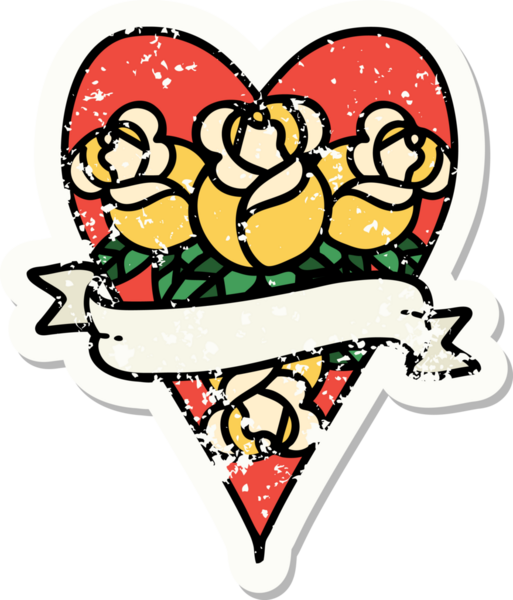 Geleneksel bir kalp stili ve insan tarafından çizilmiş çiçekli pankart dövmesi.