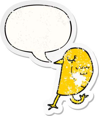 Konuşma baloncuğu olan çizgi film kuşu, bir insan tarafından çizilmiş sıkıntılı eski bir çıkartma.