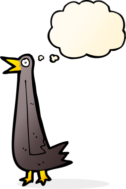 Bir insan tarafından çizilmiş düşünce baloncuklu komik çizgi film kuşu.