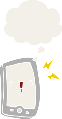 Bir insan tarafından çizilmiş düşünce baloncuklu sevimli çizgi film cep telefonu.