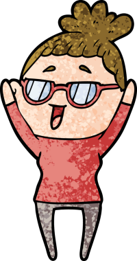 Bir insan tarafından çizilmiş gözlüklü mutlu kadın çizgi filmi.