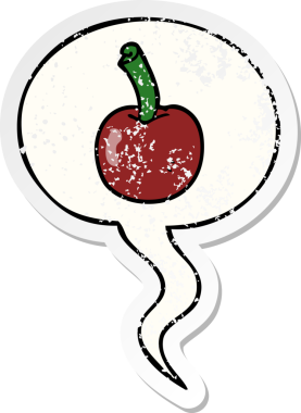 Konuşma baloncuğu olan karikatür kirazı bir insan tarafından çizilmiş sıkıntılı eski bir çıkartma