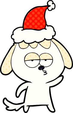 Bir insan tarafından çizilmiş Noel Baba şapkası takan sıkılmış bir köpeğin el çizimi çizgi roman tasviri.