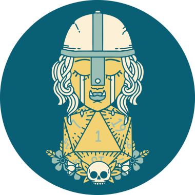 Retro Dövme Tarzı Ağlayan Ork Savaşçısı Karakteri Bir insan tarafından çizilmiş doğal bir D20 rulosu