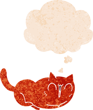 Mutlu çizgi film kedisi. Düşünce baloncuğu ve grunge dertli eski moda bir insan tarafından çizilmiş.