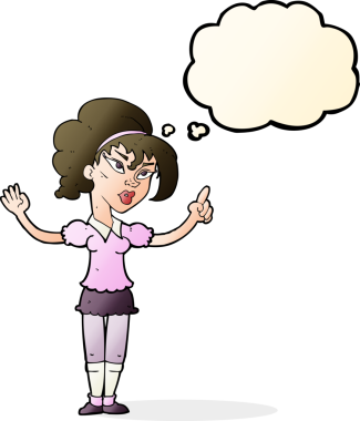 Bir insan tarafından çizilmiş düşünce baloncuğu fikri olan karikatür kadın.