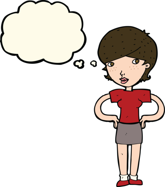 Bir insan tarafından çizilmiş düşünce baloncuğu olan elleri kalçasında çizgi film kadını.