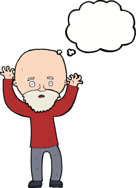 Karikatür sakallı adam bir insan tarafından çizilmiş düşünce balonuyla panikliyor.