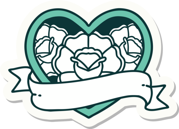 Geleneksel kalp stili dövme çıkartması ve bir insan tarafından çizilmiş çiçekli pankart.