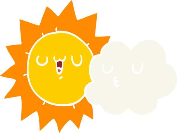 Bir insan tarafından çizilmiş düz renkli çizgi film güneşi ve bulut