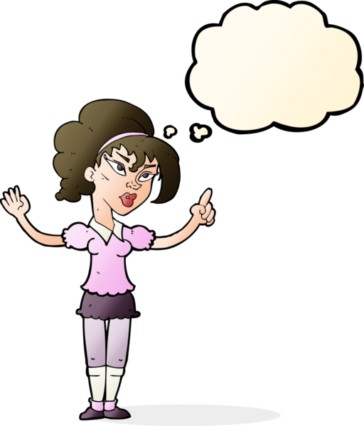 Bir insan tarafından çizilmiş düşünce baloncuğu fikri olan karikatür kadın.