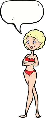 Bir insan tarafından çizilmiş konuşma balonu olan bikinili bir retro kadın.