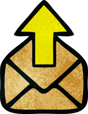 Bir insan tarafından çizilmiş oklu bir zarfın retro grunge desen karikatürü