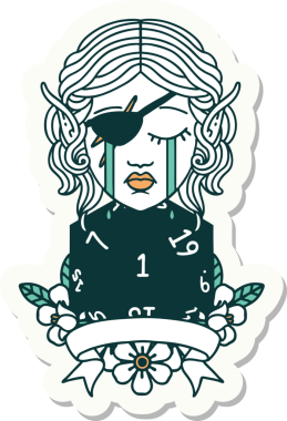 Ağlayan bir elf haydut karakterinin çıkartması. Bir insan tarafından çizilmiş doğal bir D20 rulosu.