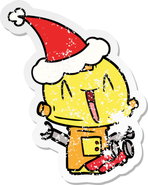 Bir insan tarafından çizilmiş Noel Baba şapkası takan bir robotun çizilmiş el yazısı.