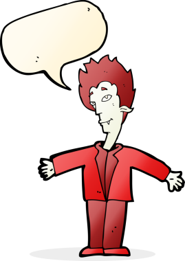 Bir insan tarafından çizilmiş konuşma balonlu mutlu vampir çizgi filmi.