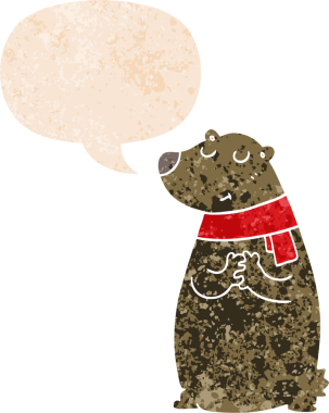 Bir insan tarafından çizilmiş grunge sıkıntılı retro tarzı içinde konuşma baloncuğu olan eşarp giyen çizgi film ayısı