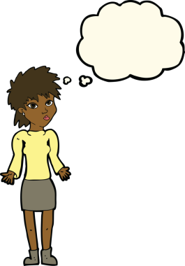 Bir insan tarafından çizilmiş düşünce baloncuğuyla omuz silken çizgi film kadını.