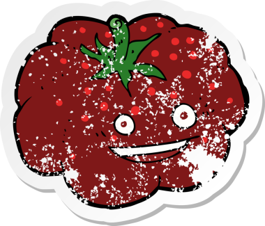 Bir insan tarafından çizilmiş mutlu domates çizgi filminin kederli retro yapıştırması.