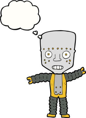 Bir insan tarafından çizilmiş düşünce baloncuklu çizgi film robotu