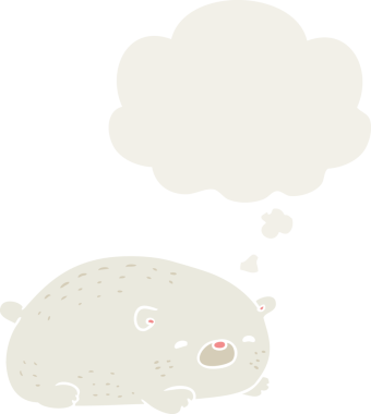 Karikatür kutup ayısı. Düşünce baloncuğu insan tarafından çizilmiş.