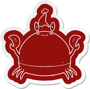 Bir insan tarafından çizilmiş Noel Baba şapkası takan bir yengecin garip çizgi film etiketi.