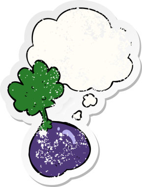 Düşünce baloncuğu olan karikatür sebzesi insan tarafından çizilmiş yıpranmış bir çıkartma.