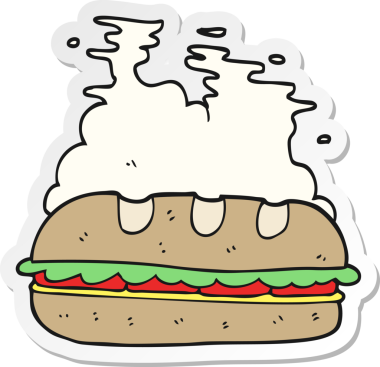 Çizgi filmin çıkartması. Bir insan tarafından çizilmiş kocaman bir sandviç.