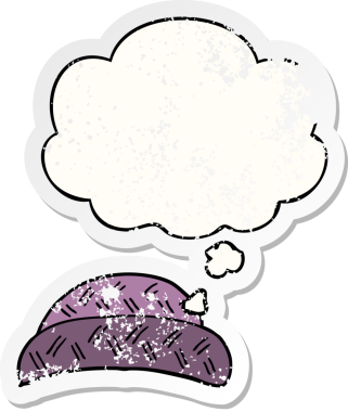 Düşünce baloncuklu çizgi film şapkası bir insan tarafından çizilmiş yıpranmış bir çıkartma gibi.