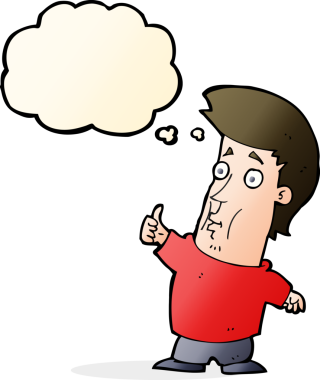 Bir insan tarafından çizilmiş düşünce baloncuğuyla baş parmak işareti yapan çizgi film adamı.