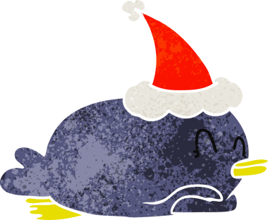 Penguen göbeğinde bir insan tarafından çizilmiş Noel Baba şapkası var.