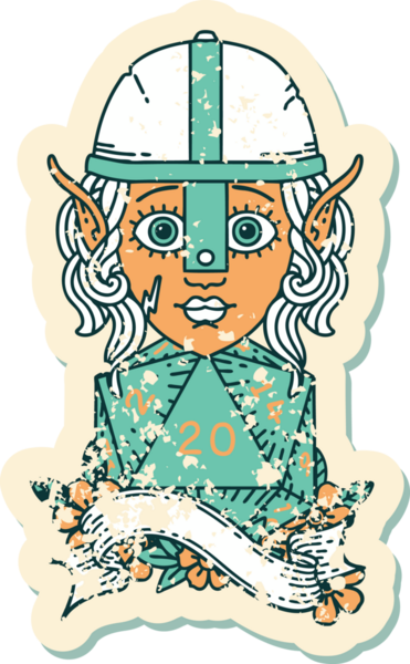 Retro Dövme Tarzı Elf Savaşçısı Karakteri Bir insan tarafından çizilmiş doğal 20 zar atışıyla