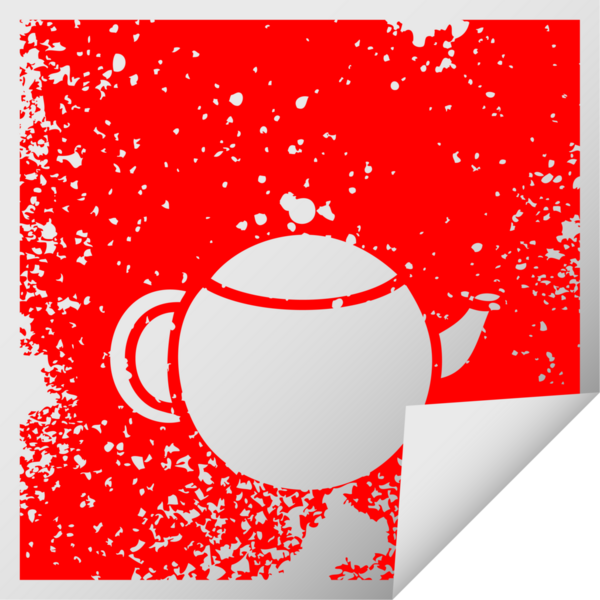 Bir insan tarafından çizilmiş kırmızı çay demliğinin kare soyma etiketi.